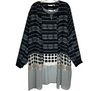 Susan Graver Two-Piece Black, Gray, Tan Sheer Button-up Tunic and Tank - Size XL